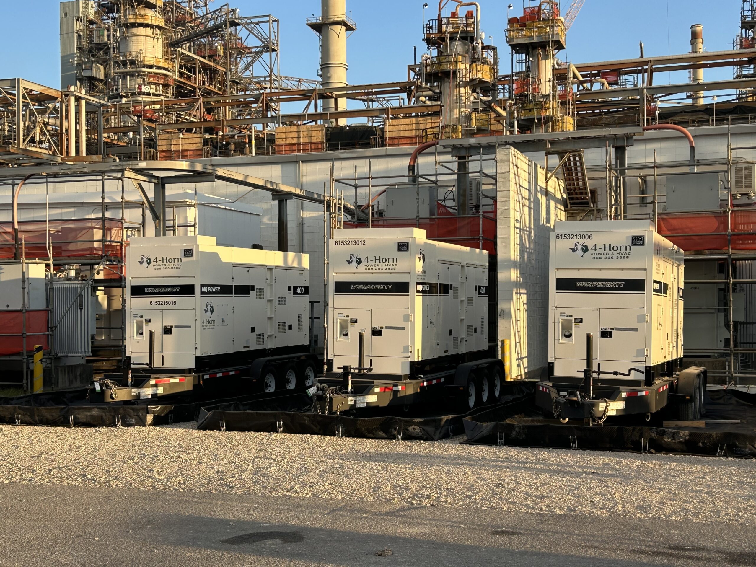 Three 4-Horn Power & HVAC mobile generators staged at an industrial refinery site.